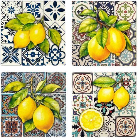 Sottobicchieri decorativi con motivo a limone, set da 4, antiscivolo, regalo ideale