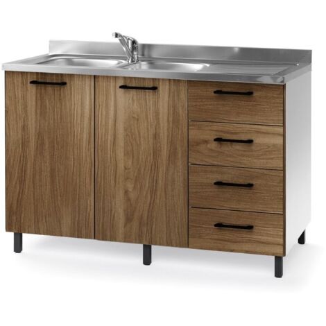 Sottolavello con cassetti e lavello 120 cm noce naturale destro