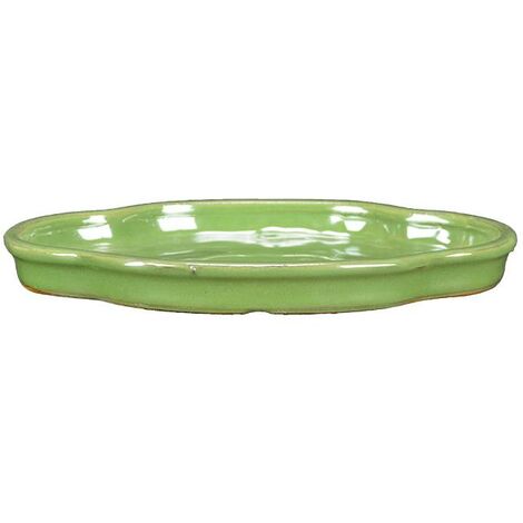 Sottovaso per bonsai ovale (forma mokko) in gres smaltato verde 27x20,5x2 cm - GA11S