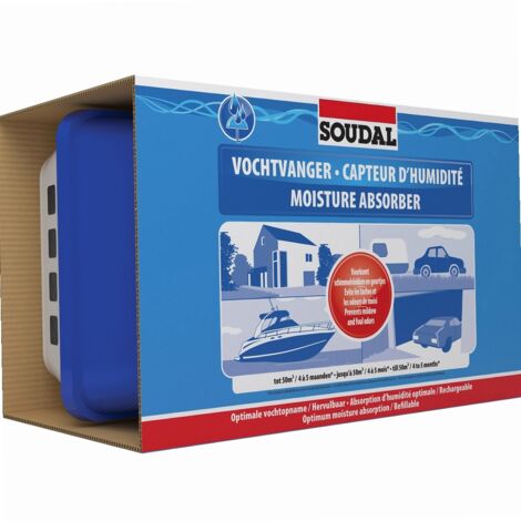 Soudal – Capteur déshumidificateur 1kg – Absorption humidité jusqu'à 20m² – Prévention moisissures – Utilisation maison, caravanes, bateaux - 125941SOU