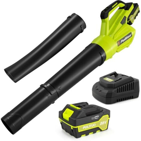 PULITUO Souffleur à feuilles sans fil 20 V avec batterie 4 Ah et chargeur, souffleur électrique haute puissance 400 pi³/min, souffleur portatif léger sans fil pour l'entretien des pelouses, des patios, des ja
