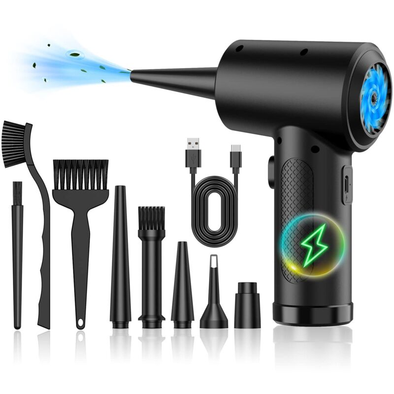Souffleur Air Comprimé pour PC, 3 Vitesses 100000 TR/Min, Pulvérisation d'Air Comprimé Electrique avec Lumière LED, 2 in 1 Voiture Claviers Mini