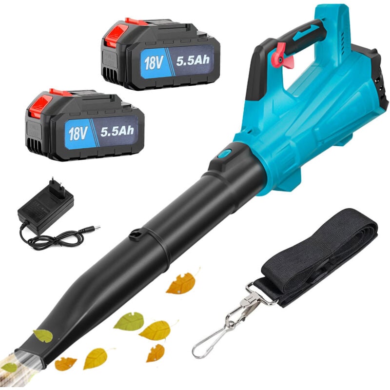 Souffleur de feuilles électrique, souffleur de feuilles à air sans fil, puissant et robuste, sans balais, à suspendre à l'épaule + 2 batteries 5,5 a