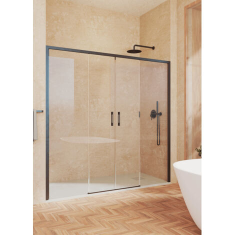 SOULBATH Box doccia con 2 scorrevoli + 2 fissi, senza profilo inferiore, vetro di sicurezza 6 mm anticalcare, 179 a 183cm x 195cm H, Nero