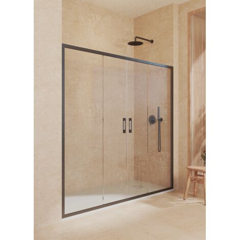 SOULBATH Duschabtrennung mit 2 Schiebetüren + 2 Festteilen, mit unteres Profil, 6mm Sicherheitsglas Antikalk, 179 bis 183cm x 195cm Höhe, Schwarz