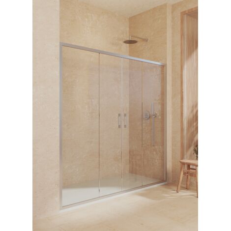SOULBATH Duschabtrennung mit 2 Schiebetüren + 2 Festteilen, mit unteres Profil, 6mm Sicherheitsglas Antikalk, 199 bis 203cm x 195cm Höhe, Silber