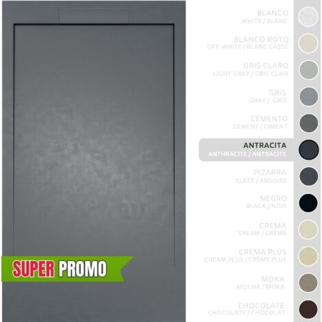 SOULBATH Plato de Ducha Extraplano Antideslizante – Resina Gel Coat - Textura Liso/Piedra – ANTRACITA - 90x90 - Extraplano 3cm - Incluye Válvula desagüe y Rejilla integrada mismo color