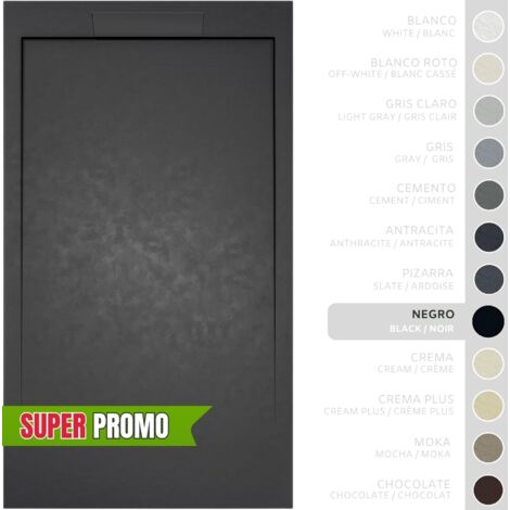 SOULBATH Plato de Ducha Extraplano Antideslizante – Resina Gel Coat - Textura Liso/Piedra – NEGRO - 170X70 - Extraplano 3cm - Incluye Válvula desagüe y Rejilla integrada mismo color