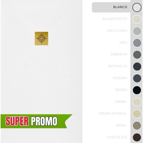 SOULBATH Plato de Ducha - Resina - Gel Coat - Textura Liso/Piedra - Antideslizante  - Color Blanco - 80x80- Extraplano 3cm. Incluye Válvula desagüe y Rejilla - REJILLA DORADA