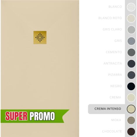 SOULBATH Plato de Ducha - Resina - Gel Coat - Textura Liso/Piedra - Antideslizante  - Color Crema Intenso - 80x80- Extraplano 3cm. Incluye Válvula desagüe y Rejilla - REJILLA DORADA