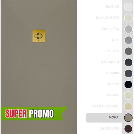 SOULBATH Plato de Ducha - Resina - Gel Coat - Textura Liso/Piedra - Antideslizante  - Color Moka - 100x100- Extraplano 3cm. Incluye Válvula desagüe y Rejilla - REJILLA DORADA