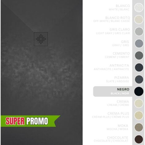 SOULBATH Plato de Ducha - Resina - Gel Coat - Textura Liso/Piedra - Antideslizante  - Color Negro - 170x75- Extraplano 3cm. Incluye Válvula desagüe y Rejilla - REJILLA MISMO COLOR