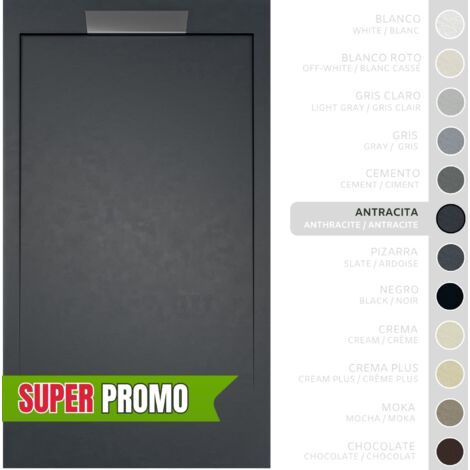 SOULBATH Plato de Ducha - Resina - Gel Coat - Textura Liso/Piedra - ANTRACITA - Antideslizante - 180x90- Extraplano 3cm - Incluye Válvula desagüe y Rejilla- Diseño elegante