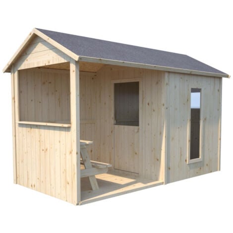 SOULET Cabane en Bois pour Enfants Jazz Avec Préau Table et Banc PlancherToiture Feutre Bitumeux Porte 3 Fenêtres