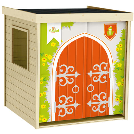 SOULET - Casita de Madera Infantil con Cortina Princesse 120x120x155 cm - Casita de Juegos para Niños - Cabaña de Madera para Jardín - Diseño de Castillo Medieval - Personalizable y Fácil Montaje