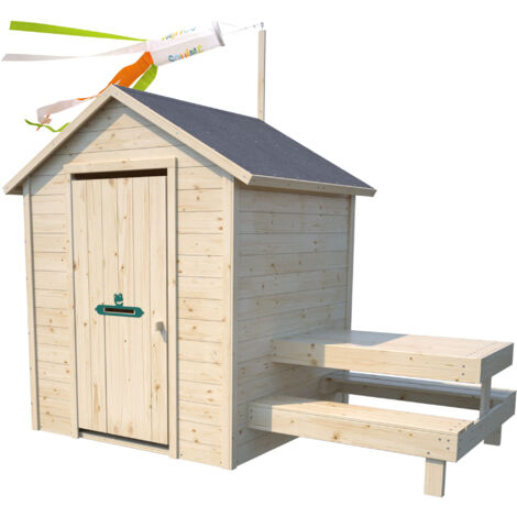 SOULET - Casita de Madera Infantil con Mesa de Picnic Tiana 120x120x155 cm - Casita de Jardín para Niños con Mesa Integrada - Madera Natural Personalizable - Fácil Montaje