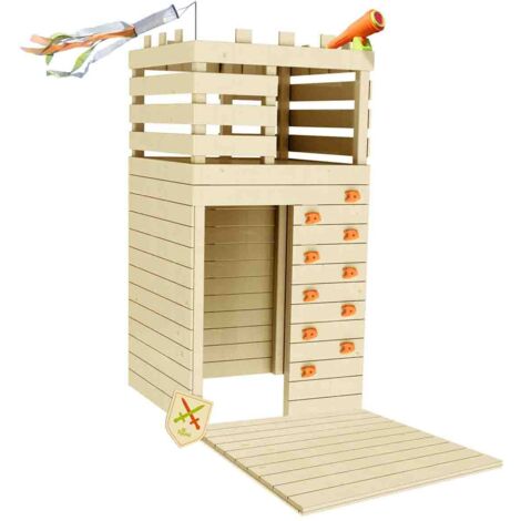 SOULET - Casita de Madera Infantil con Muro de Escalada Knight 160x120x120 cm - Casita de Juegos para Niños - Cabaña de Madera para Jardín - Muro de Escalada Integrado - Fácil Montaje y Diseño Seguro