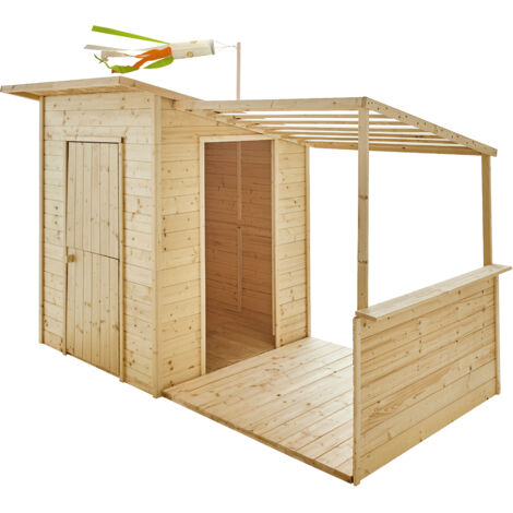 SOULET - Casita de Madera Infantil con Pérgola Santa Barbara 180x180x145 cm - Casita de Jardín para Niños con Pérgola Integrada - Madera Natural Personalizable - Fácil Montaje