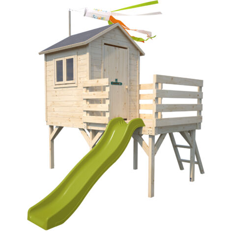 SOULET - Casita de Madera Infantil Elevada con Tobogán Joséphine 319x242x249 cm - Casita de Jardín para Niños sobre Pilotes con Tobogán - Madera Natural Personalizable - Fácil Montaje