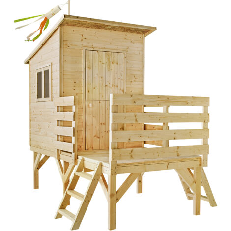 SOULET - Casita de Madera Infantil Elevada Oakland 180x180x145 cm - Casita de Jardín para Niños sobre Pilotes - Madera Natural Personalizable - Fácil Montaje