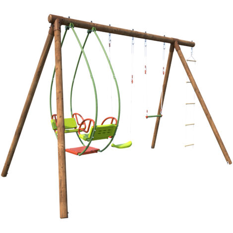 SOULET - Columpio de Madera Juliette para Niños 3 a 12 Años, con Balancín, Trapecio y Escalera de Cuerda - 2,30 m x 2,20 m x 2,30 m