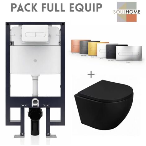SOULHOME - Pack WC Inodoro Negro Mate Suspendido Completo con Cisterna Empotrada, Pulsador Negro  Tapa Amortiguada y Fijaciones Ocultas