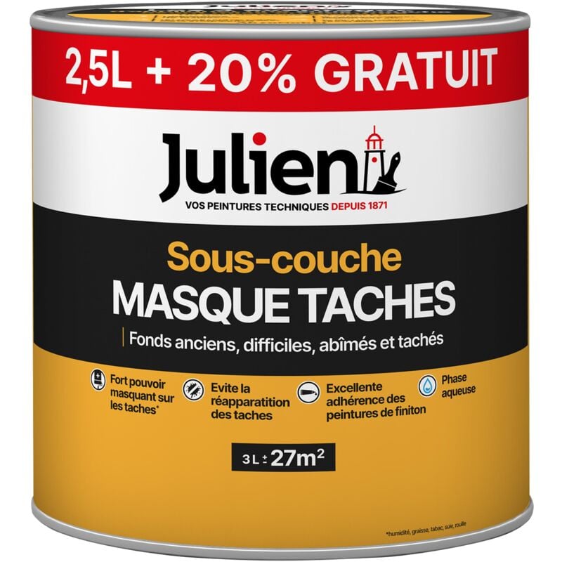 Sous-Couche Masque Taches - Pour fonds anciens, difficiles, abîmés, tachés - Mat Blanc 2,5L + 20% gratuit Julien