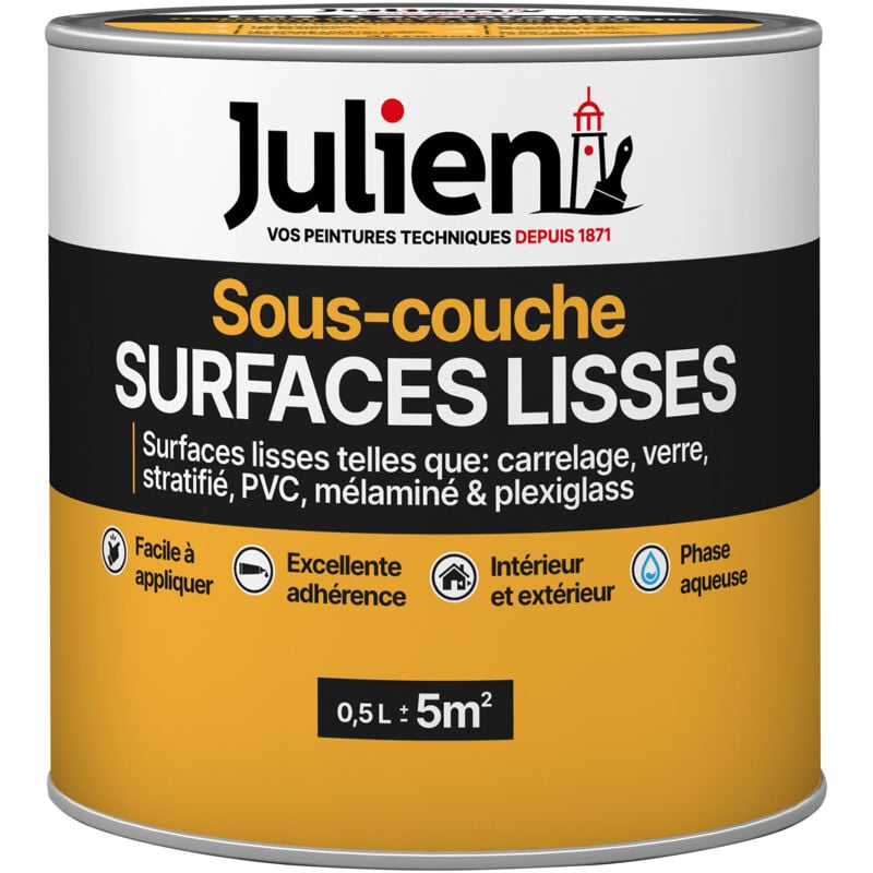 Julien - Sous-Couche pour Surfaces Lisses - Carrelage, pvc, verre, stratifié, pvc, mélaminé et plexiglass - Mat Blanc 0,5L