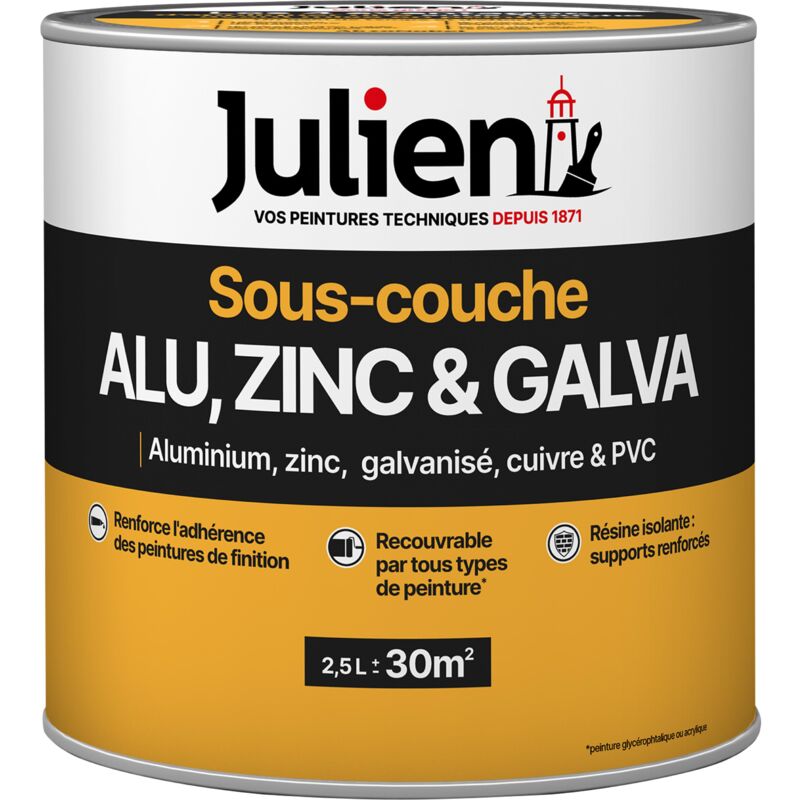 Julien - Sous-Couche Pour supports en Alu, Zinc, Cuivre, Galvanisé - aspect Mat Blanc 2,5L