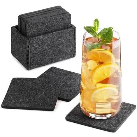 Sous-verre en feutre square pour verres - Lot de 8 boîte incl. - dessous de verre design gris pour boissons, tasses, bar, verre - Sous-verre en feutre de table Premium -