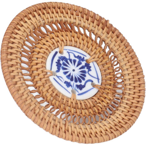 Sous-verre rond en porcelaine bleu et blanc avec support tressé en rotin pour tasses, 10cm