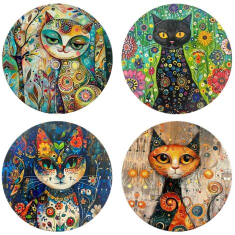 Sous-verres chat uniques, lot de 4, motifs assortis, antidérapants, décoration amusante pour la maison et le bureau