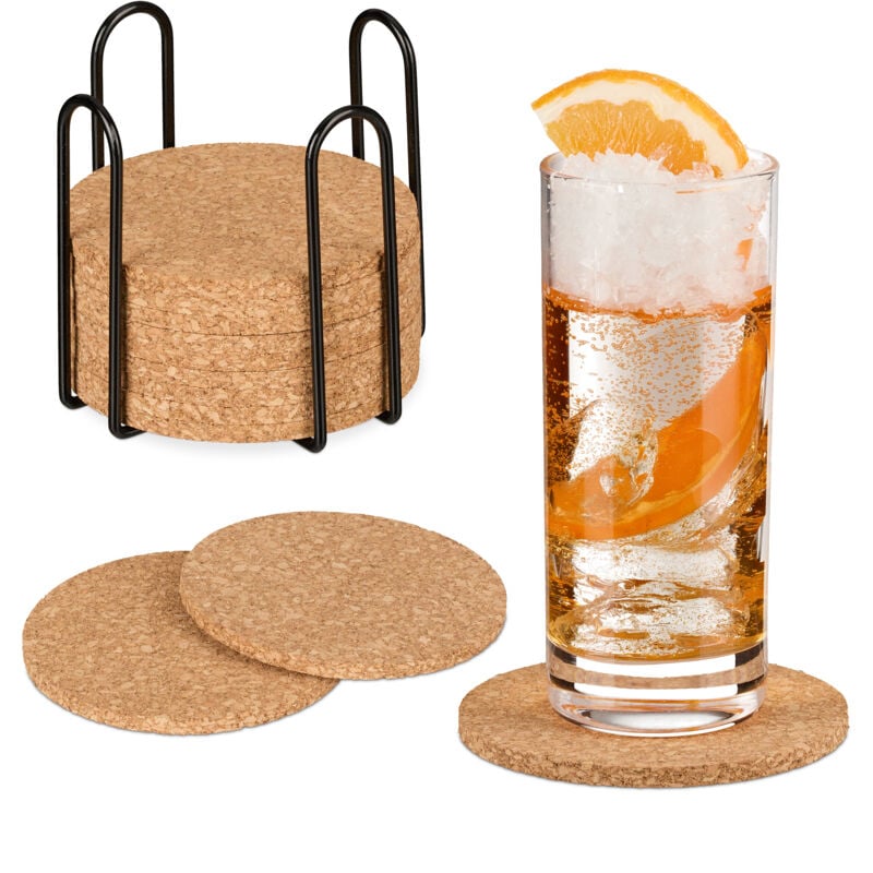Dessous de verre, lot de 16, sous-verres ronds, 10 cm, pour verres et tasses, en liège, sous-tasse, nature - Relaxdays