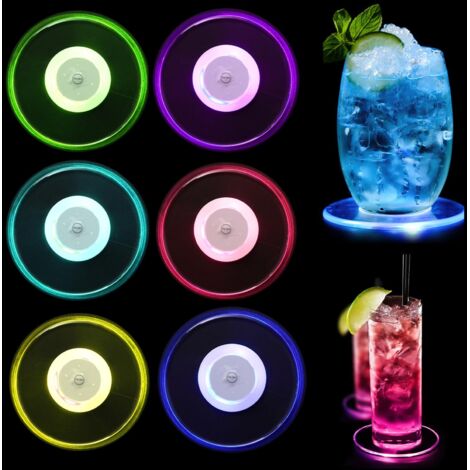 Sous-verres LED avec 7 modes d'éclairage, verres lumineux, lumières étanches pour fêtes en verre, mariages, bars et Noël, 6 pièces
