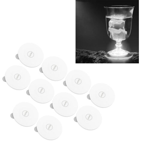 Sous-verres LED lumineux, 10 pièces, plastique cristal, blanc 6cm, avec effets lumineux pour soirées et événements.