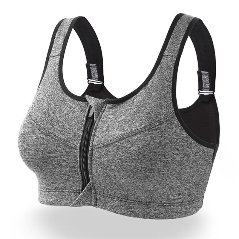 Soutien-gorge de sport respirant à bretelles larges et fermeture éclair, idéal pour le running et le yoga, couleur gris clair.