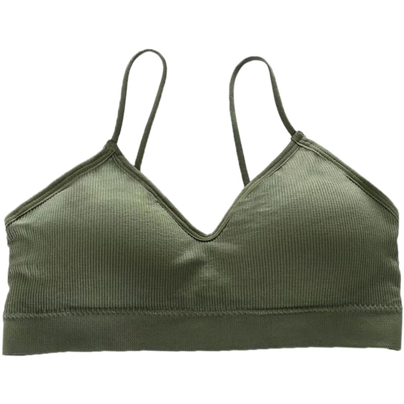Soutien-gorge de sport sans fil sans coutures, confortable et respirant, couleur unie vert, maintien renforcé.