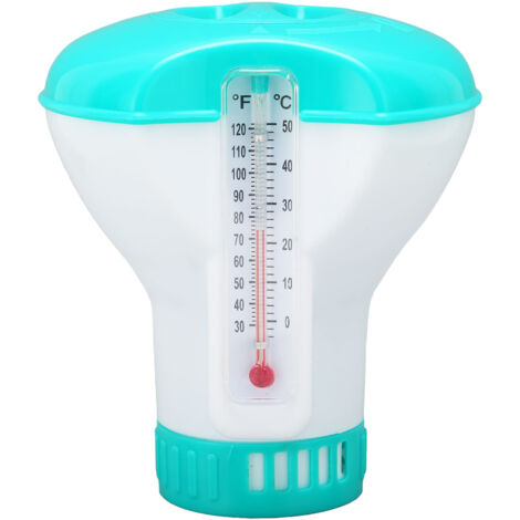 Spa chemical dispenser with thermometer, reusable float for pool chlorine tablets, lake blue