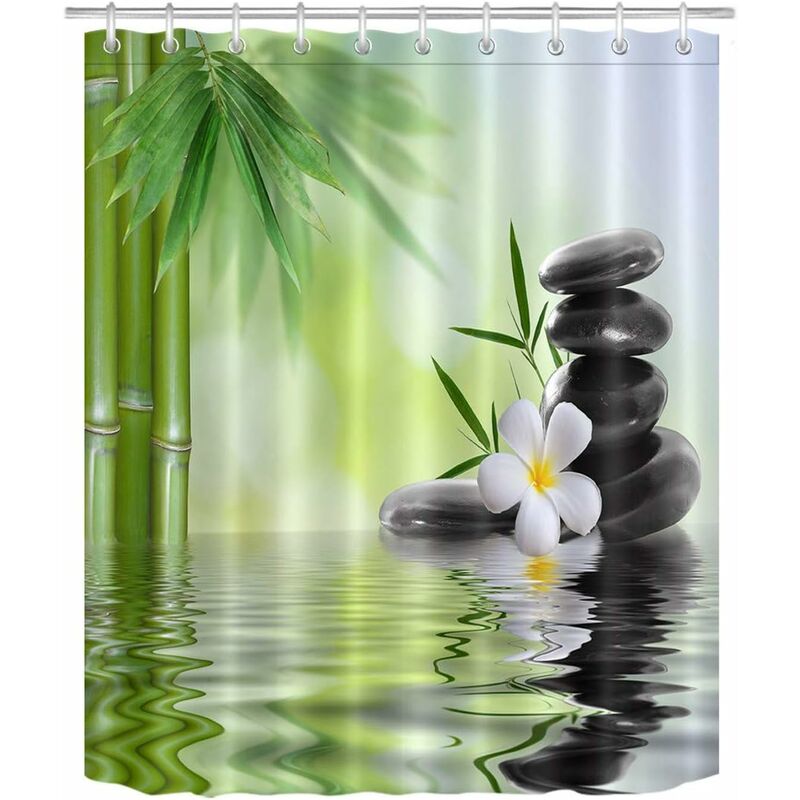 Spa Duschvorhang, Schwarze Steine, Weiße Orchideen, Bambus
