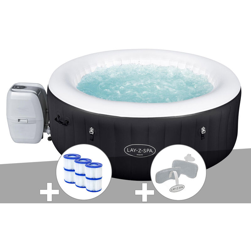 Bestway - Kit spa gonflable Lay-Z-Spa Miami rond Airjet 4 places + 6 filtres + 2 appuie-têtes