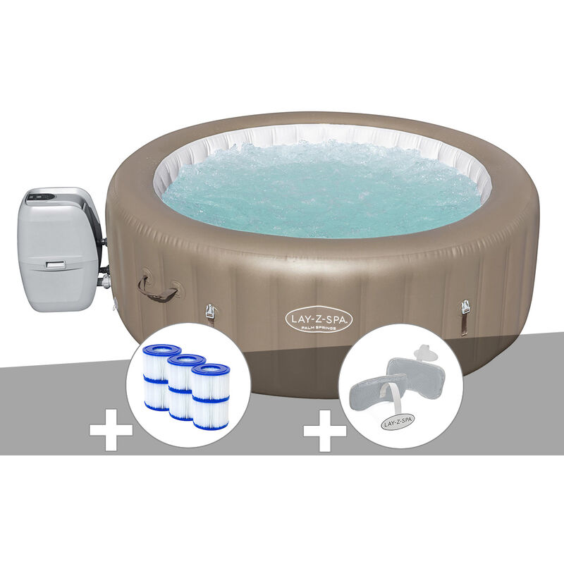 Bestway - Kit spa gonflable Lay-Z-Spa Palm Springs rond Airjet 4/6 places + 6 filtres + 2 appuie-têtes