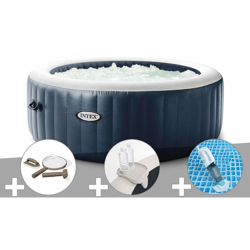 Kit spa gonflable Intex PureSpa Blue Navy rond Bulles 4 places + Kit d'entretien + Porte-verre + Aspirateur