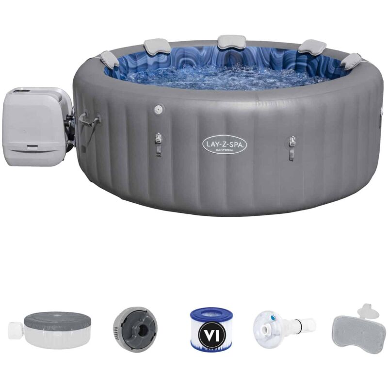 Spa Hinchable Bestway Lay-Z-Spa Santorini 216×80 Cm Para 7 Personas Con Hydrojet, Luz Led, Cobertor Y Almohadas - Gris
