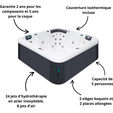 Spa rigide 5 places RELAX – 204x204x85 cm – 24 jets d'hydrothérapie – Système Balboa – Éclairage LED et aromathérapie – Passion Spas