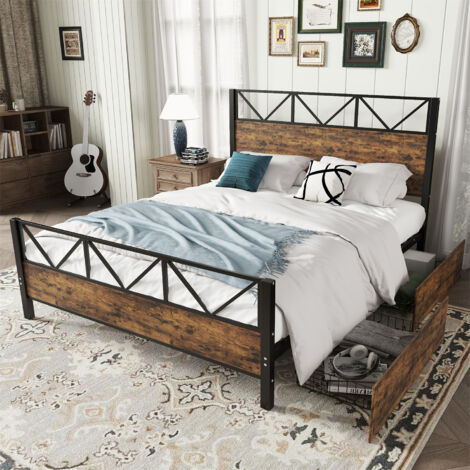 Space-Saving 4ft6 Double Bed with 2 Storage Drawers - Durable Metal Frame in Black & Wood - 135x190cm Sturdy Bed for Adults & Teenagers