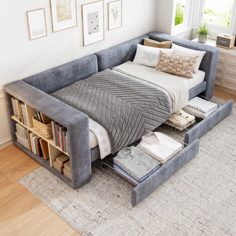 Space-Saving Grey Velvet Single Daybed with Side Storage & Wheeled Drawers - 90x190cm