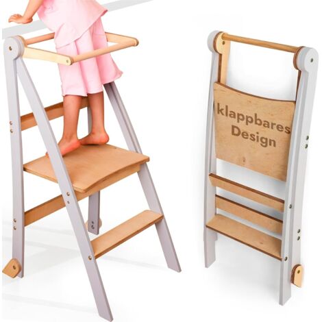 Space-Saving Montessori Wooden Kitchen Helper: Foldable Learning Tower, Toddler Step Stool with Anti-Tip Safety Design (Light Grey)