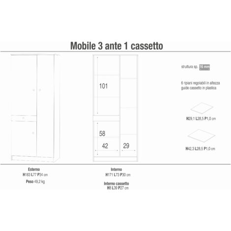 SPACER - armadio compatto con tre ante e un cassetto