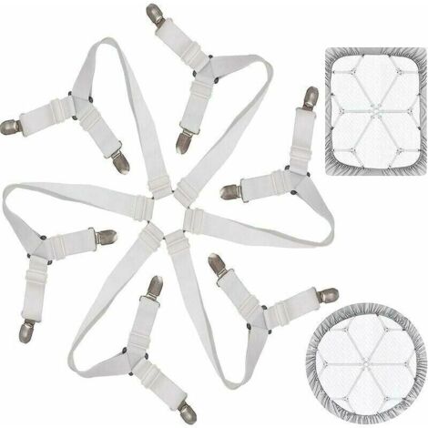 Spannbettlakenspanner, Bettlaken, verstellbarer Spannbettlakenverschluss, 3-Wege-6-seitig, elastische Bettlaken, Hosenträger, Bettlakenverschlüsse für Bettlaken, Sofakissen, Matratze, Weiß  FLITI