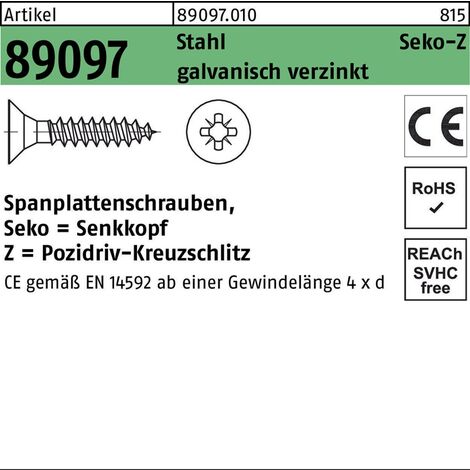 Spanplattenschraube R 89097 SEKO Kreuzschlitz-PZ VG 3,5 x 12 -ZStahl galvanisch verzinkt 1000 Stück